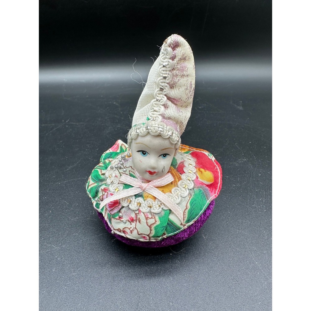 Vintage Harlequin Clown Pin‎ Cushion Porcelain Head Velvet Pin Keeper